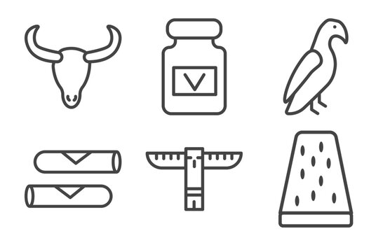 culture and civilization icon set with skull of a bull, vegemite, spring rolls, turron signs in flat outline style