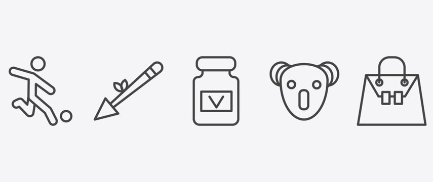culture and civilization icon set with native american spear, vegemite, australian koala, crocodile leather bag signs in flat outline style