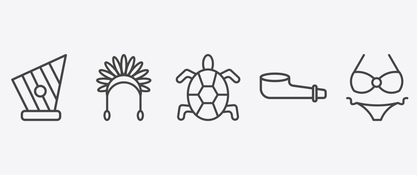 culture and civilization icon set with indian headdress, surfing a sea turtle, pipe of peace, female bikini piece signs in flat outline style