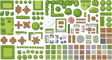 Naklejka premium Landscape design elements set with garden furniture plants and paving top view flat vector architectural plan for backyard layout planning
