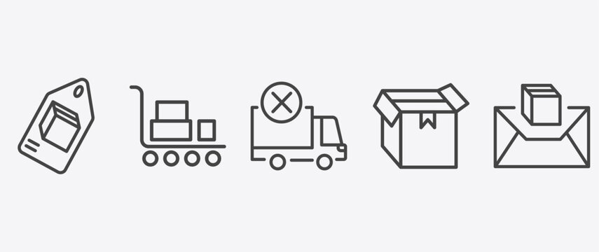 delivery and logistics icon set with delivery cart, delivery cancelled, box, air mail signs in flat outline style