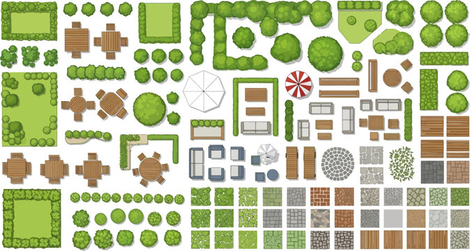 Landscape design elements set with garden furniture plants and paving top view flat vector architectural plan for backyard layout planning