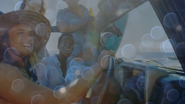 Woman leaning into driver, sparking group turning, laughing, planning surf, bubble overlay on faces