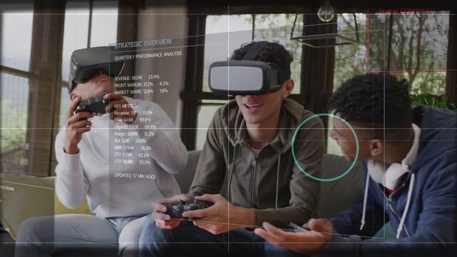 Center teen in VR holding controller on couch right pal tapping shoulder HUD charts guiding gaming