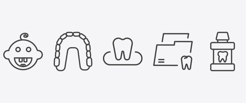 dental health icon set with maxilla, occlusal, dental folder, mouth wash signs in flat outline style