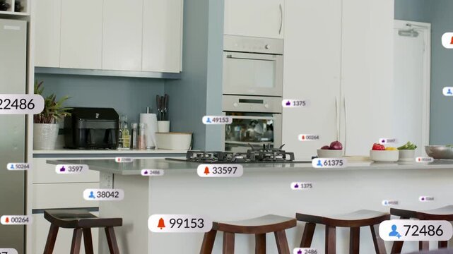 Notices arriving, labels popping over kitchen island and counter, grouping, fading to show alerts