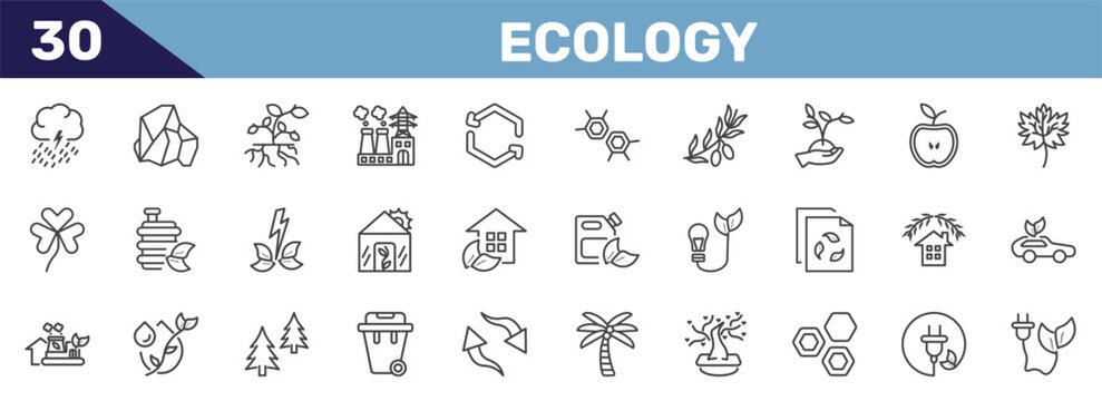 ecology icon set with raining, coal, plant and root, eco energy signs in flat outline style
