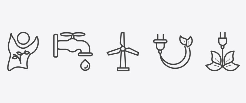 ecology icon set with water tap, wind mills, eco plug, save energy signs in flat outline style