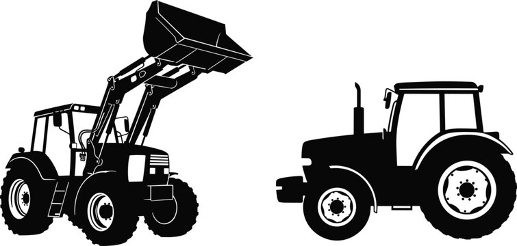 Heavy Duty Agricultural Tractor and Front End Loader Silhouette Set for Farming Industry Construction Projects Landscaping Equipment and Machinery Vector Graphic DesignHeavy Duty Agricultural Tractor 