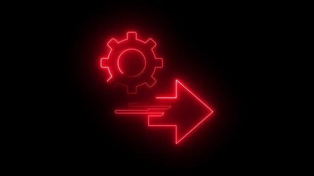 Red neon gear and arrow animation, digital process and workflow concept, motion glowing cogwheel