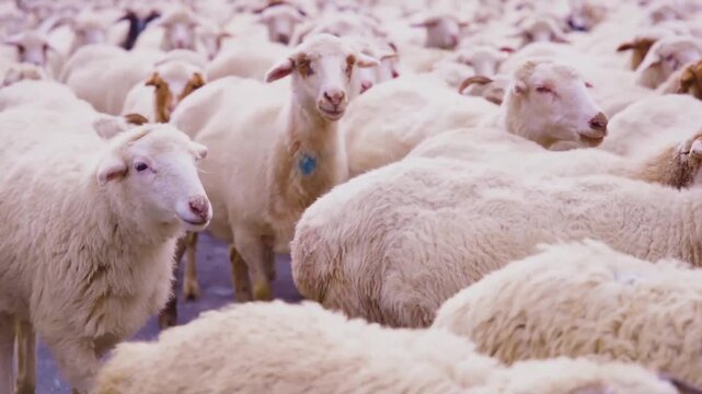 Large Herd of Fluffy White Sheep in a Rural Farm Setting, Moving to Farm