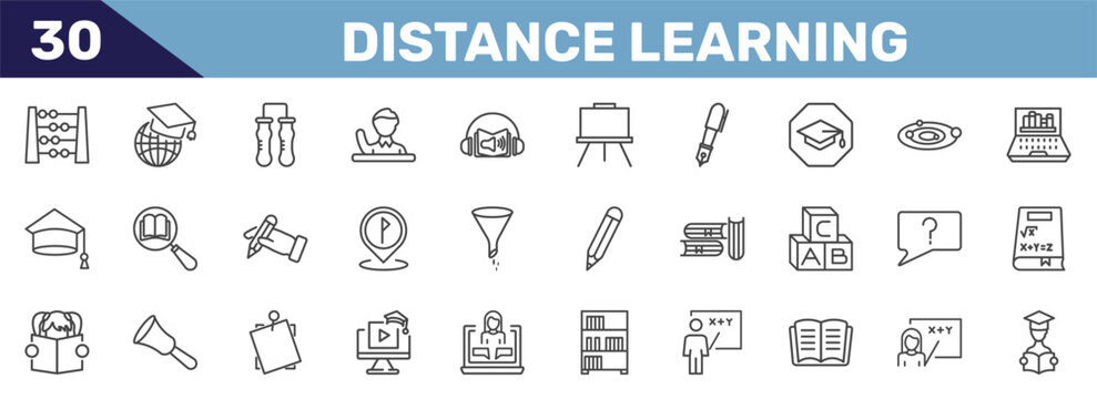 distance learning icon set with abcus, international graduate, communicating vessels, studying signs in flat outline style