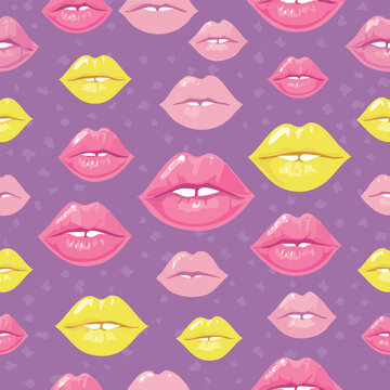 Colorful lips pattern on purple background seamless vector design