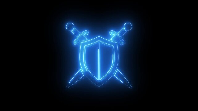 Glowing neon shield and crossed swords animation, fantasy gaming symbol on black background