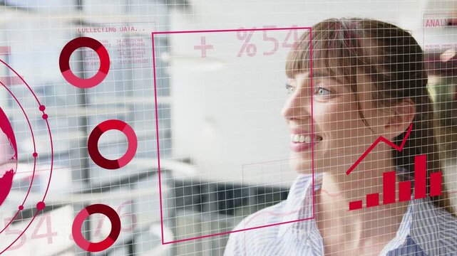 Data analyst watching glass while pink orb appearing forming binary panel and showing growth charts
