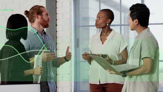 Four coworkers in office, red-haired man starting meeting while green waveform showing analytics