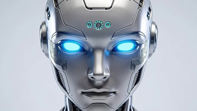 Silver robot head with glowing blue eyes