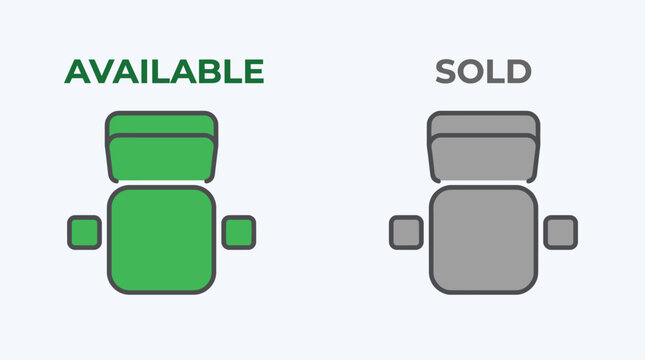Available and sold seat icons set, flat vector illustration of cinema or theater chair status