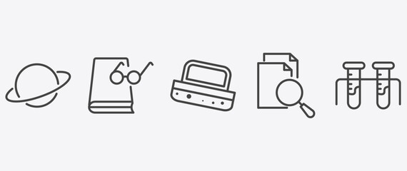 education icon set with book and glasses, blackboard eraser, searching files, chemical test tube signs in flat outline style © Abstract