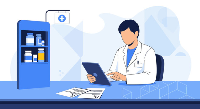 Pharmacist using tablet at counter with prescription, dispensing medication, health counseling
