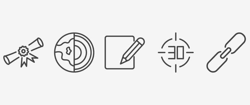 education icon set with geology, corrector, digital display 30, binding signs in flat outline style