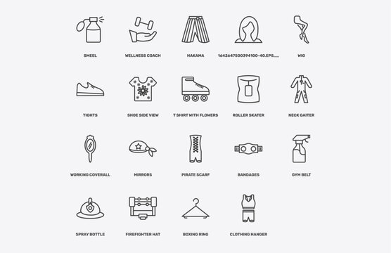 fashion and things icon set with smeel, wellness coach, hakama, working coverall signs in flat outline style