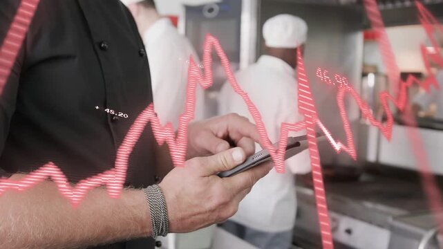 Black-jacket chef tapping phone, starting red waveform and numeric values while monitoring kitchen