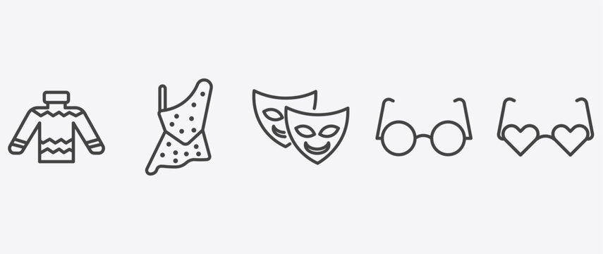 fashion and things icon set with caveman, two carnival masks, eyewear, heart eyeglasses signs in flat outline style