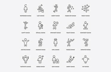 Fototapeta premium feeling and reaction icon set with refreshed human, lazy human, angry human, excited signs in flat outline style