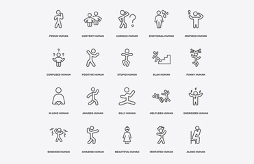 Fototapeta premium feeling and reaction icon set with proud human, content human, curious human, in love signs in flat outline style