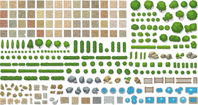 Landscape design elements set with top down trees bushes paving stones pools and rocks vector illustration for garden planning