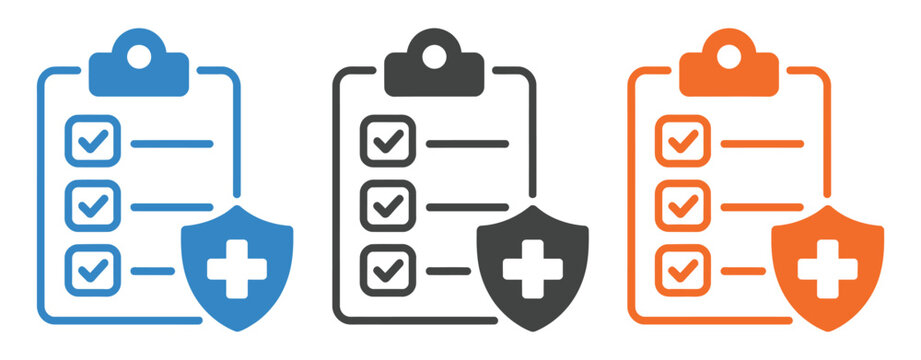 Medical checklist clipboard icons with shield and checkmarks in blue black and orange representing healthcare safety compliance verification concept clean modern vector illustration