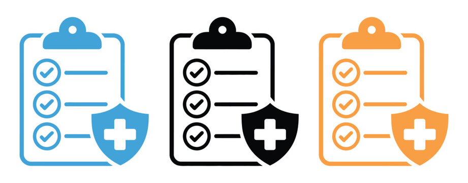 Medical checklist clipboard icons with shield and checkmarks in blue black and orange for health inspection approval security concept minimal flat vector illustration