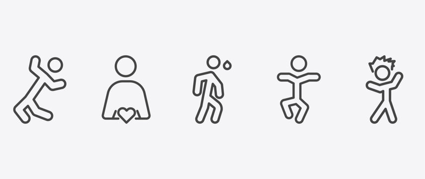 feeling and reaction icon set with in love human, anxious human, stupid human, irritated signs in flat outline style