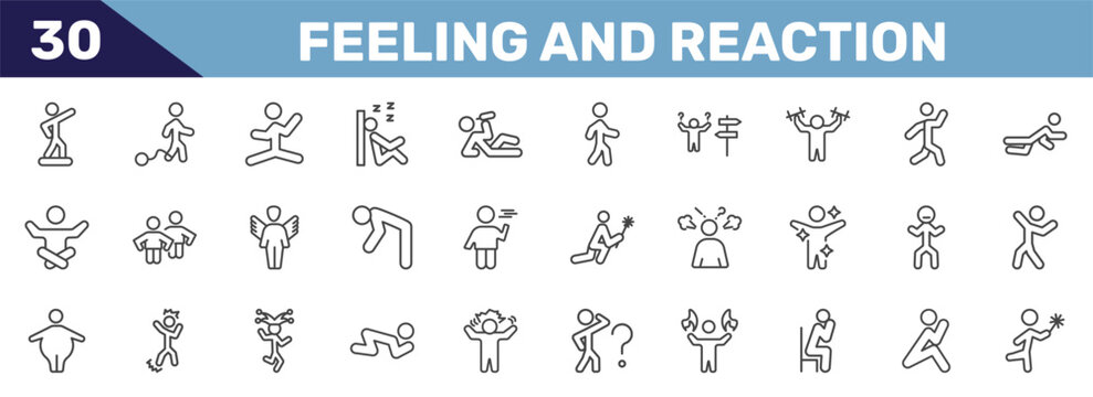feeling and reaction icon set with blessed human, guilty human, silly human, lucky signs in flat outline style
