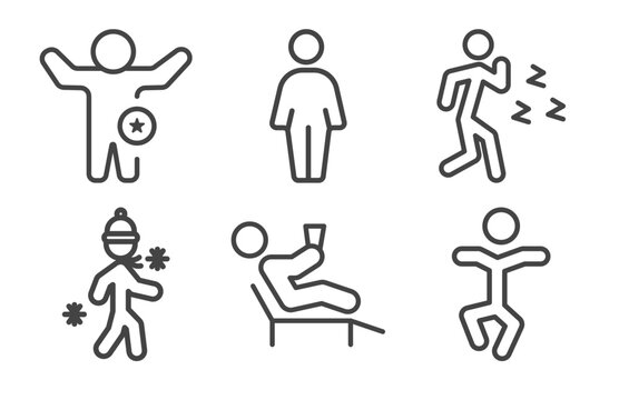 feeling and reaction icon set with better human, free human, cold human, stupid signs in flat outline style