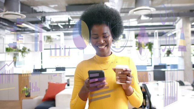 Standing woman tapping phone in business showing charts while checking stats and glancing colleague