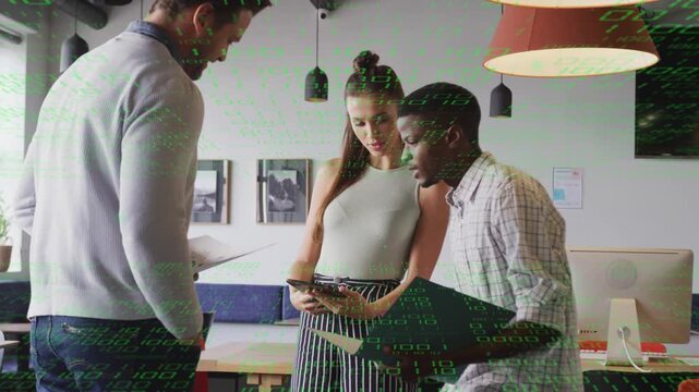 Team in office reviewing business papers, woman scrolling phone causing animated charts to compare
