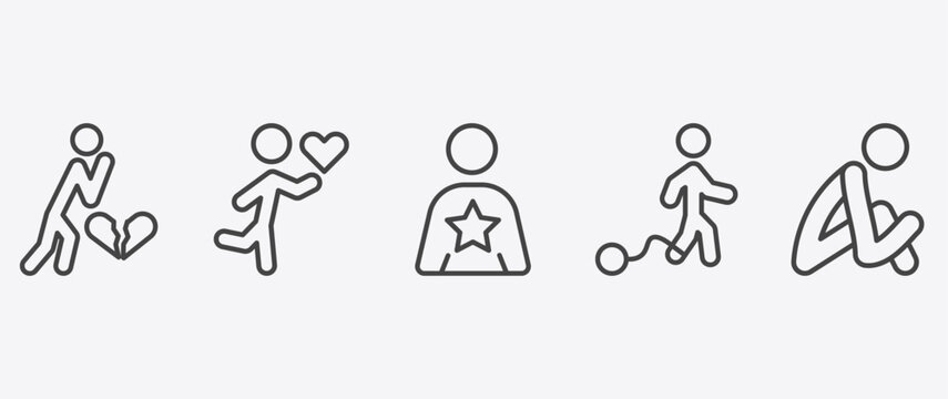 feeling and reaction icon set with loved human, good human, guilty human, sad signs in flat outline style