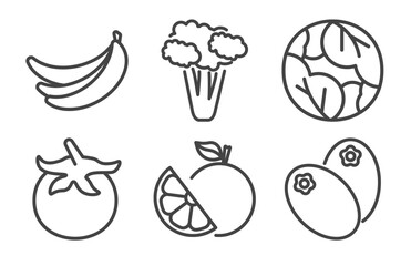 Fototapeta premium vegetables and fruits icon set with banana, cauliflower, tomato, breast milk fruit signs in flat outline style
