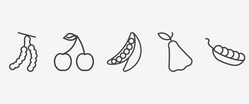 vegetables and fruits icon set with cherry, peas, rose, pea signs in flat outline style