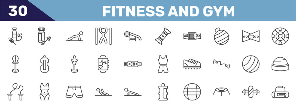 fitness and gym icon set with fitness nutrition, protein shake, pushups exercises, gym bag signs in flat outline style