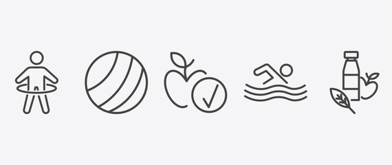 Fototapeta premium fitness and gym icon set with pilates ball, good diet, man swimming, fitness nutrition signs in flat outline style