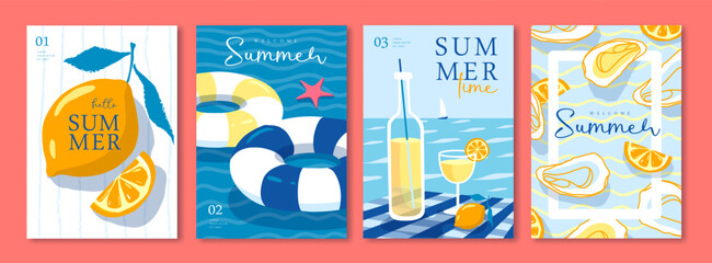 Plakat Set of summer Italian posters or covers with swim rings, cocktail, oysters, lemonade, lemons, tablecloth and beach landscape. Vector illustration
