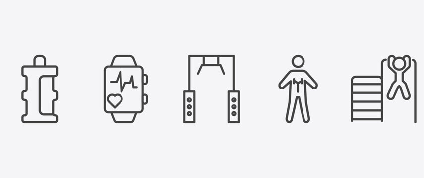 fitness and gym icon set with pulsometer, training apparatus, anatomy, tightening bar signs in flat outline style