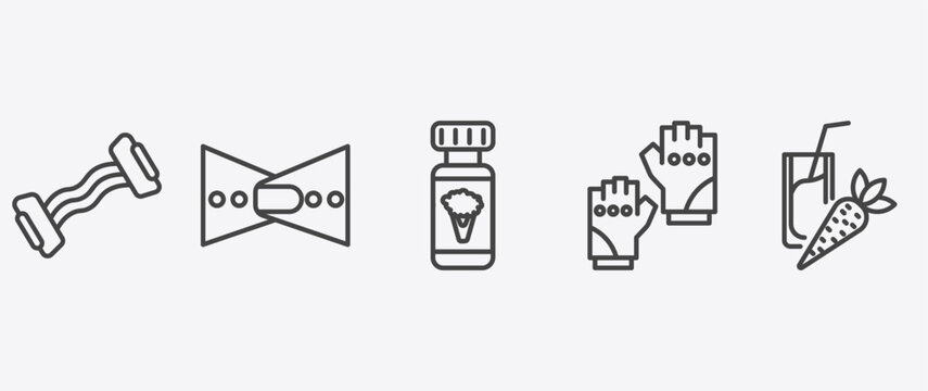 fitness and gym icon set with lumbar belt, broccoli porcion, fitness gloves, vegetables juice signs in flat outline style