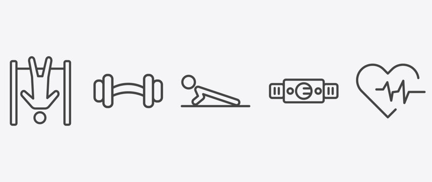 fitness and gym icon set with barbell weightlifting, push up, fitness belt, fitness heart signs in flat outline style