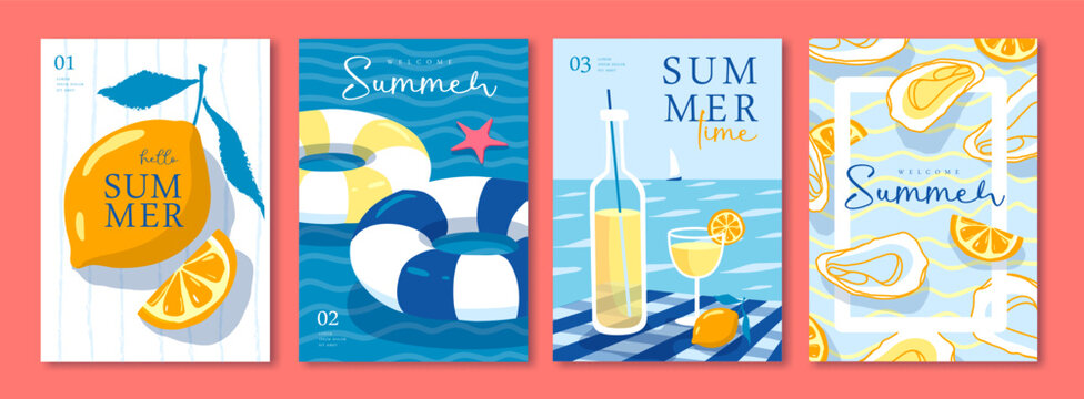 Set of summer Italian posters or covers with swim rings, cocktail, oysters, lemonade, lemons, tablecloth and beach landscape. Vector illustration