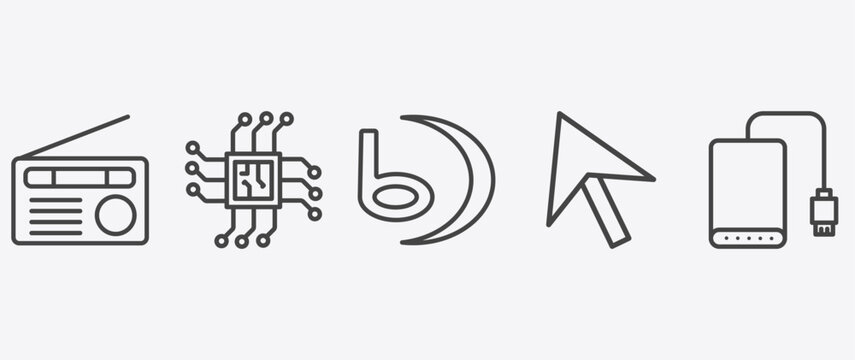 hardware and equipment icon set with big processor, , mouse pointer, external hard drive signs in flat outline style