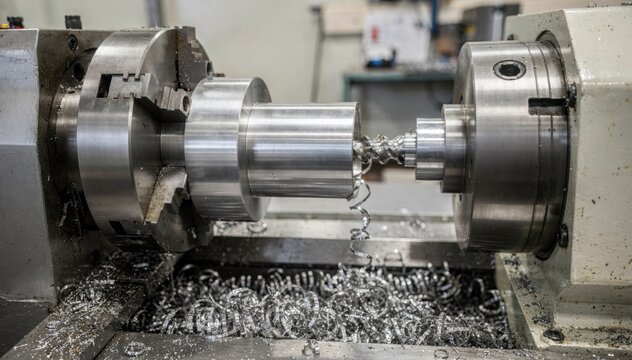 Medium shot of a horizontal CNC lathe boring a highpressure cylinder showing precise tool movements and metal shavings in a clean industrial workshop setting.